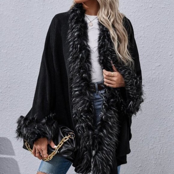 Classic Black faux Fur trim Cardigan - Picture 3 of 7